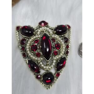 Vintage Selini Red Cabochon Faux Pearl Shield Brooch Pin